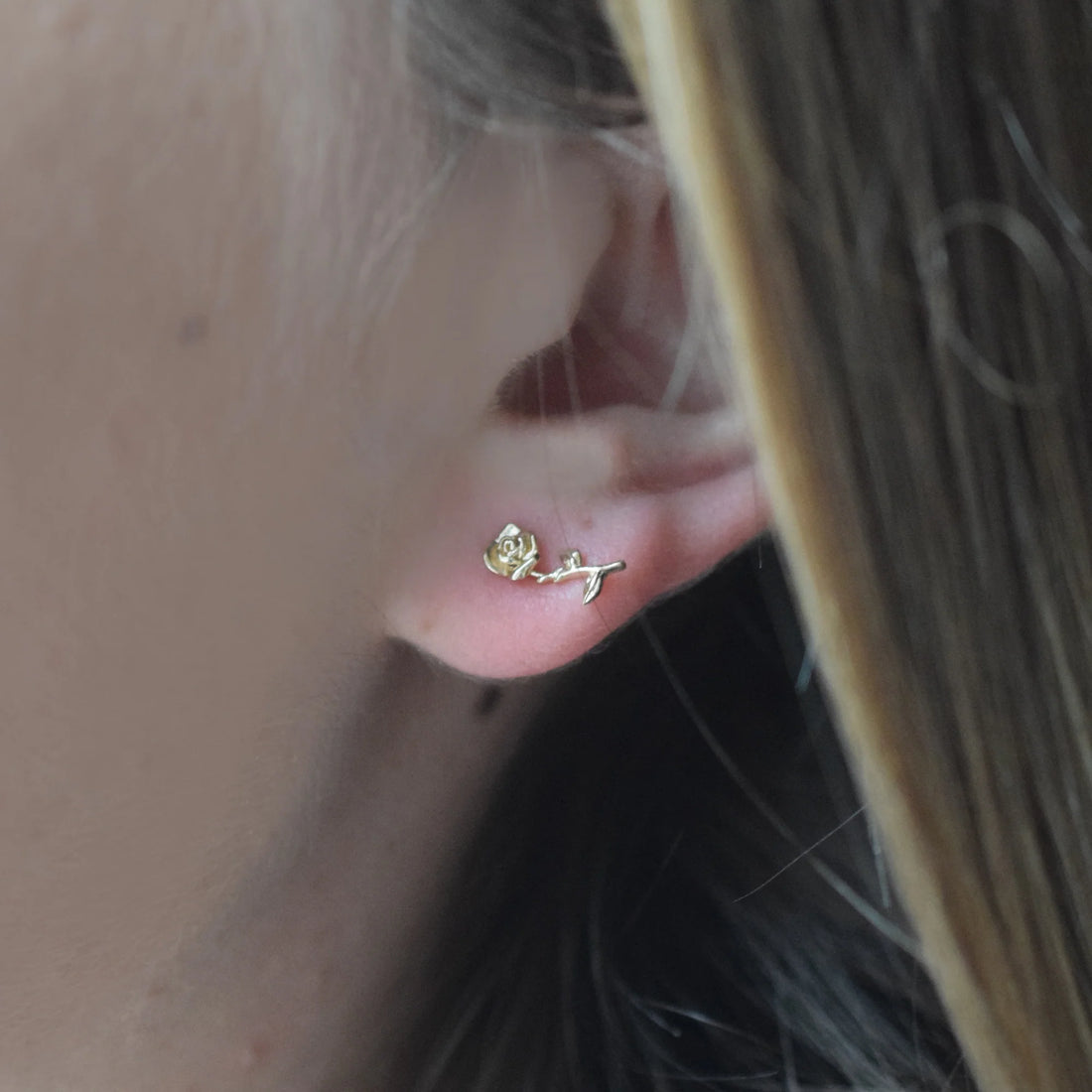 14K Solid Gold Rose Forever Ear Studs