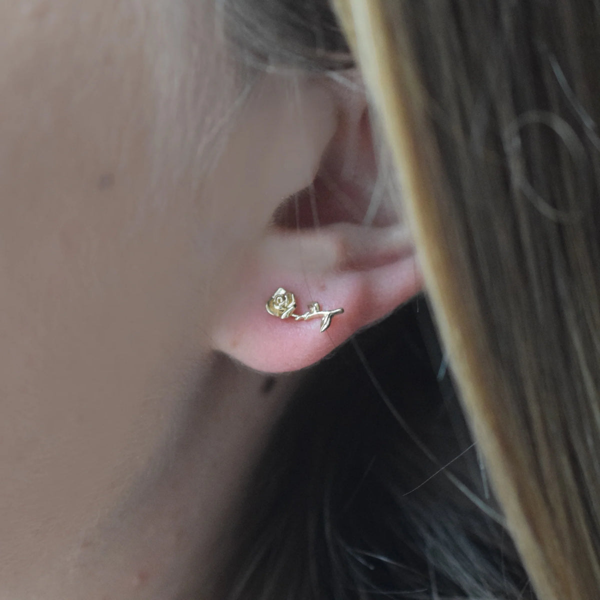 14K Solid Gold Rose Forever Ear Studs