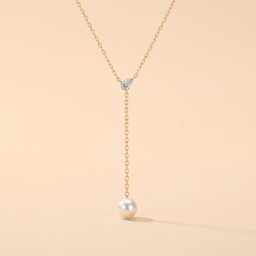 14K Solid Gold Lab-grown Diamond with Pearl Drop Lariat Necklace
