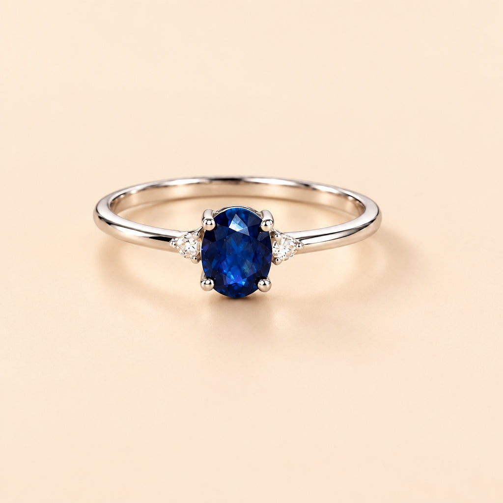 14K Solid White Gold Ring with Natural Blue Sapphire and Diamonds