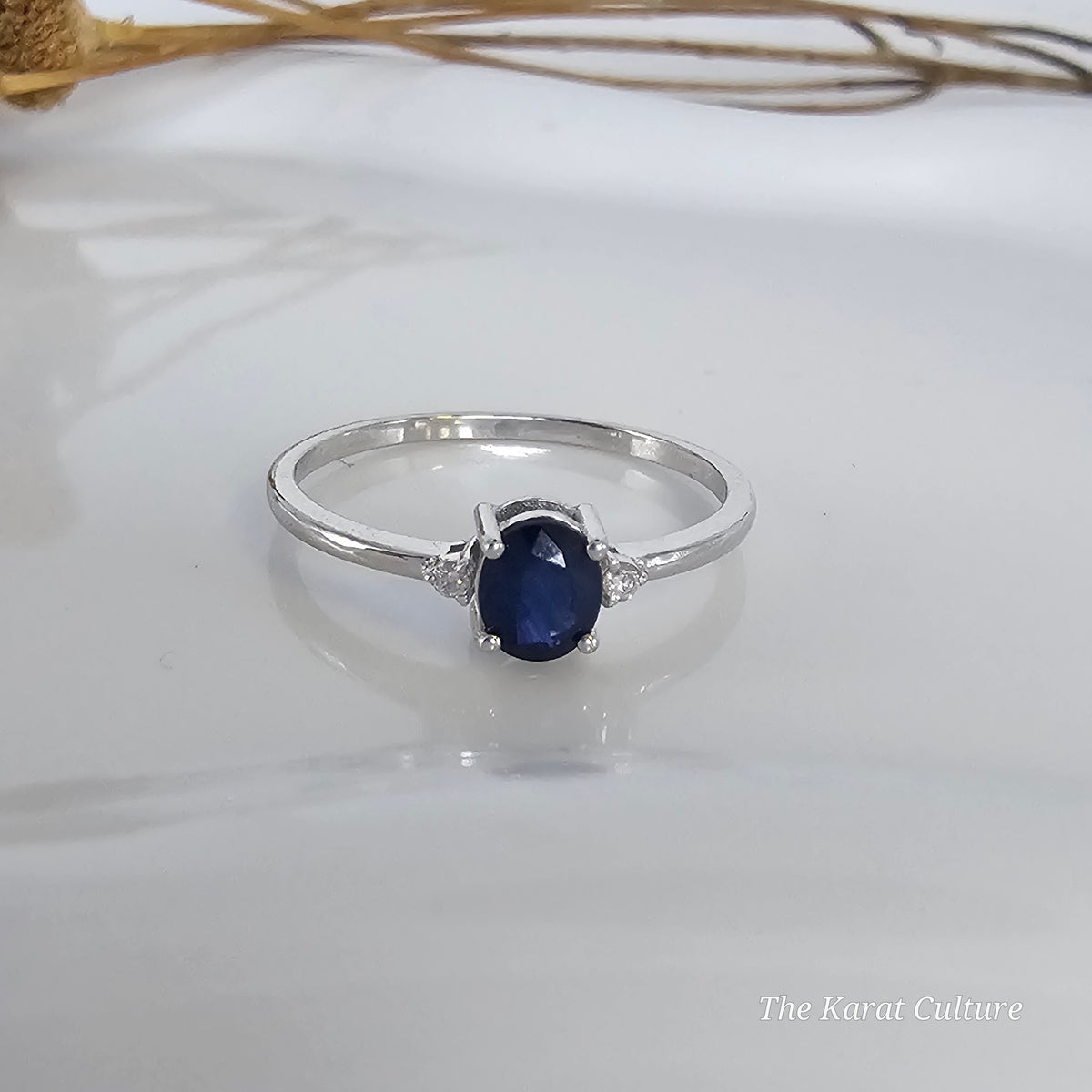14K Solid White Gold Ring with Natural Blue Sapphire and Diamonds