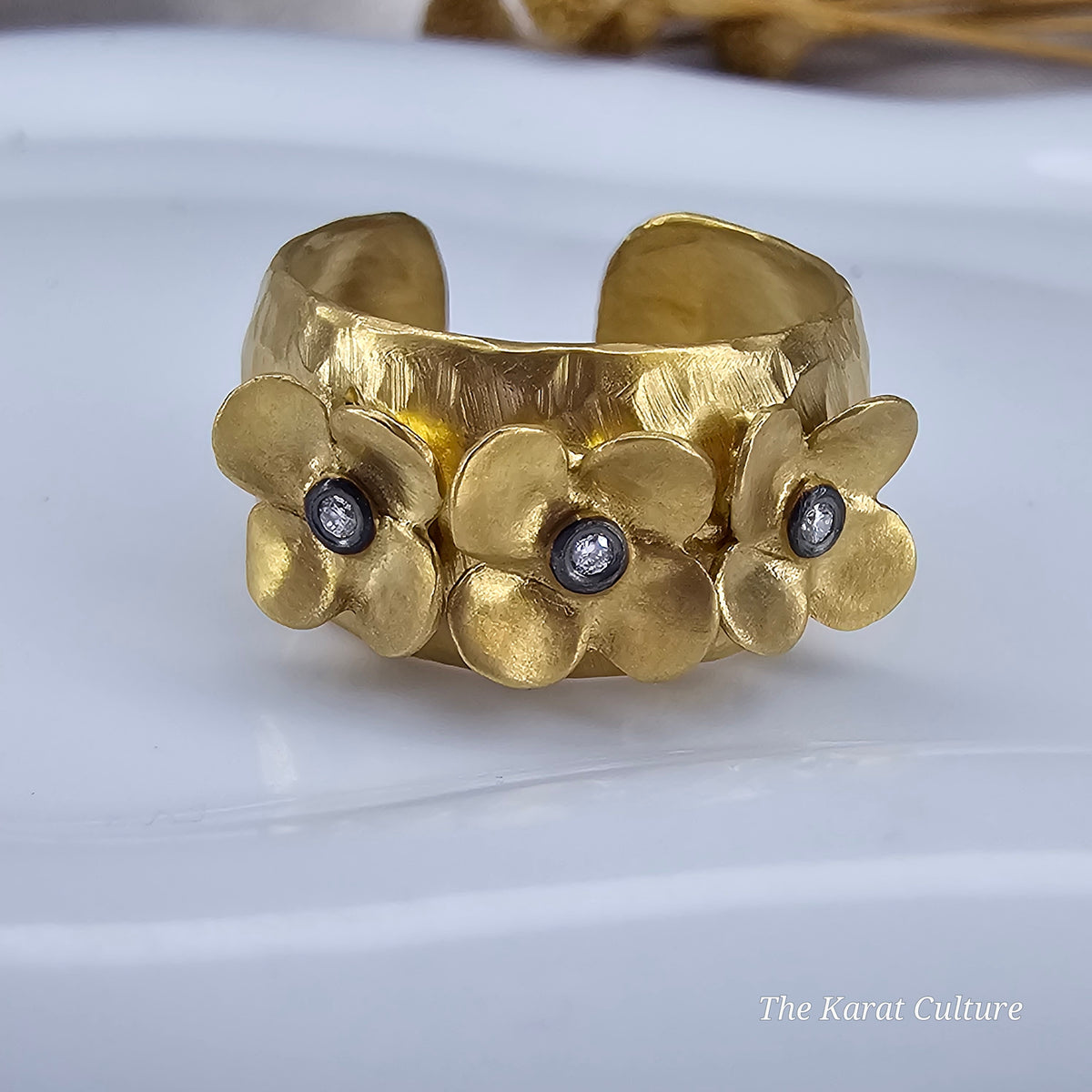 14K Solid Gold Kurtulan Bloom Cuff Ring with Diamonds