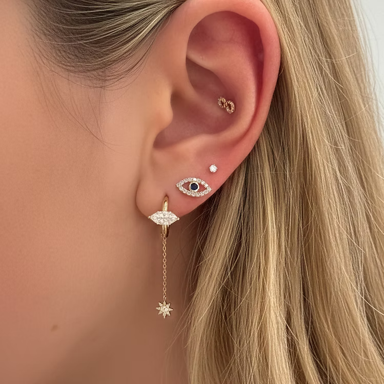 14K Solid Gold Evil Eye Ear Studs