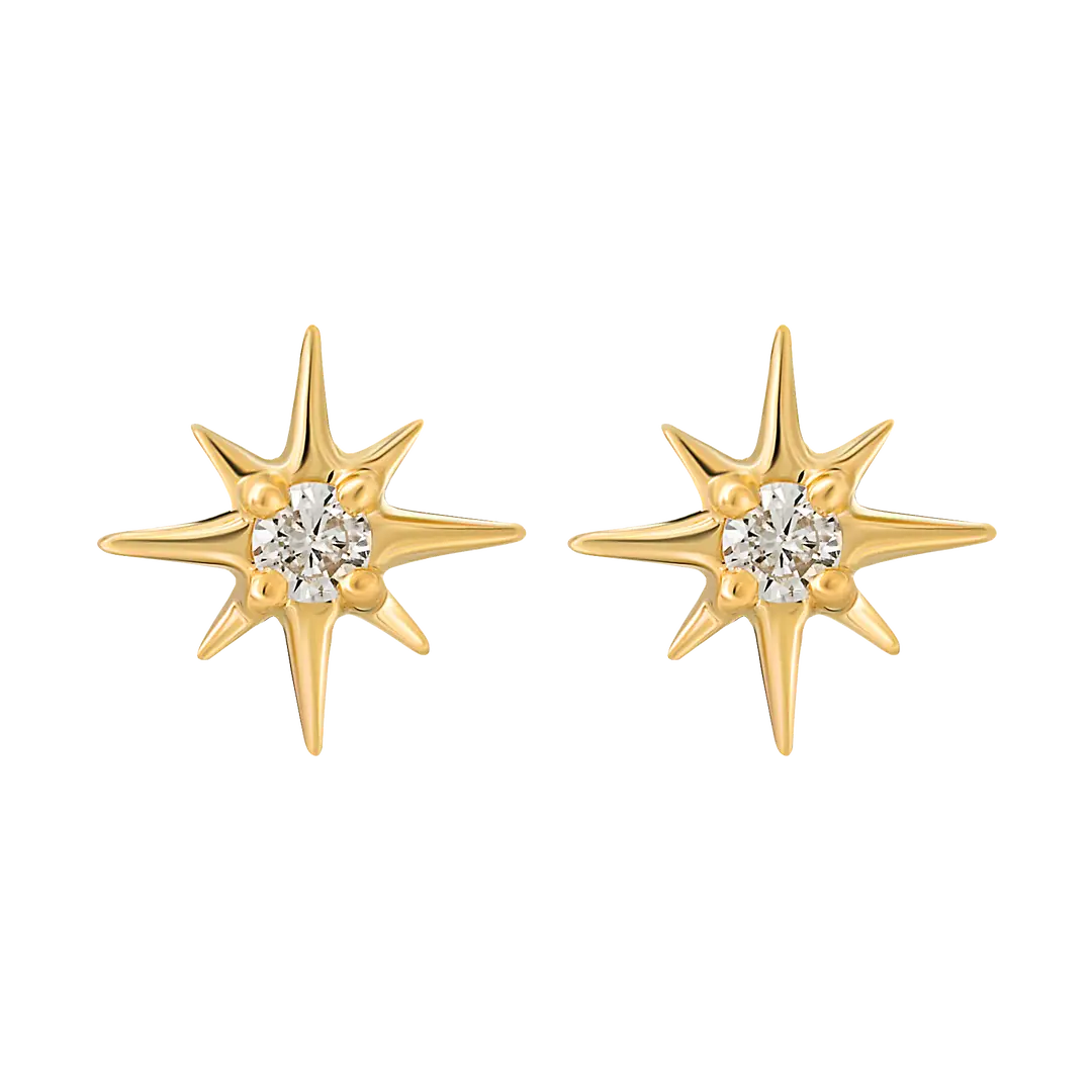 14K Solid Gold Mini Diamond Star Ear Studs