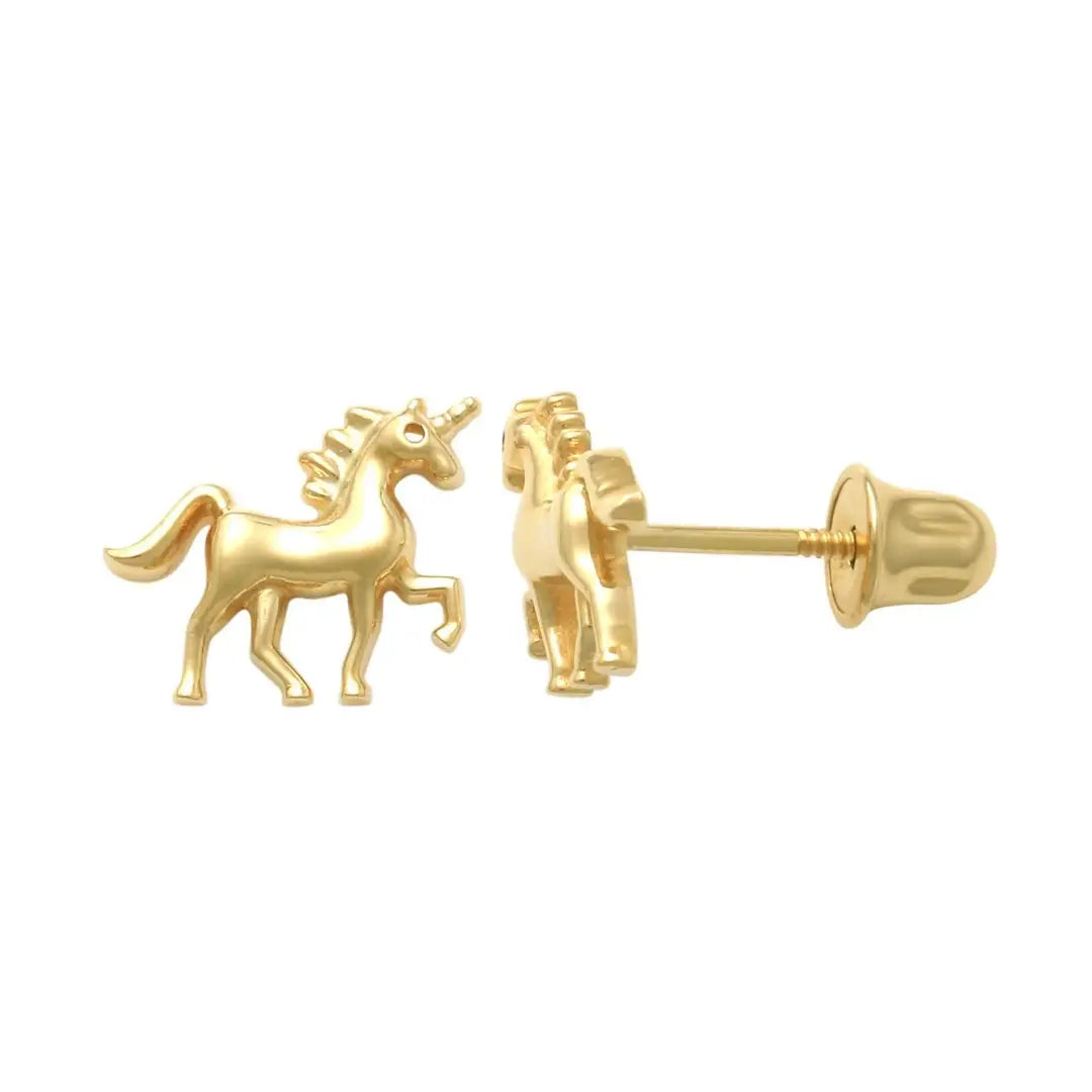 A pair of gold unicorn stud earrings, showing one front-facing earring and the other from the side/back with its post and butterfly back, on a plain white background.