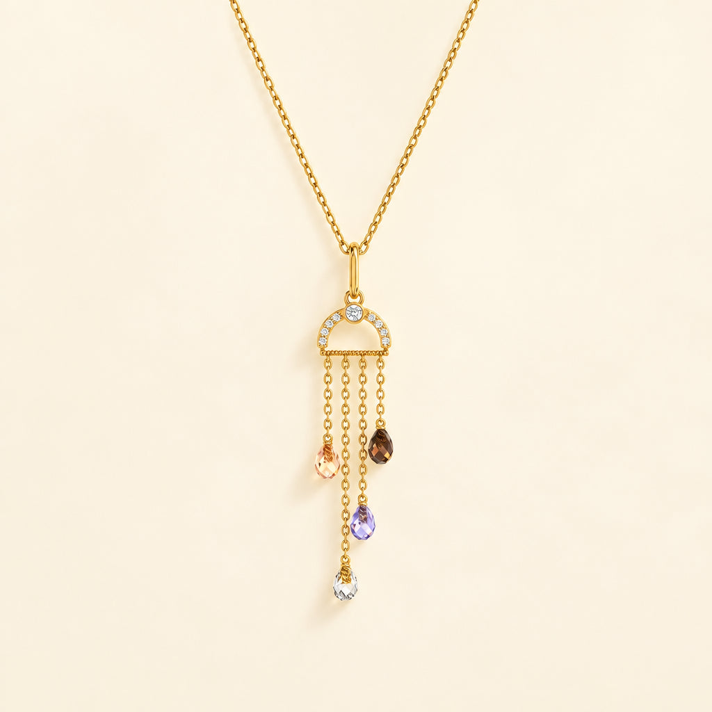 A gold-tone pendant necklace featuring a semi-circular top set with small clear stones and five dangling teardrop chains in rose gold, brown, purple, clear, and white stones, shown against a plain white background.