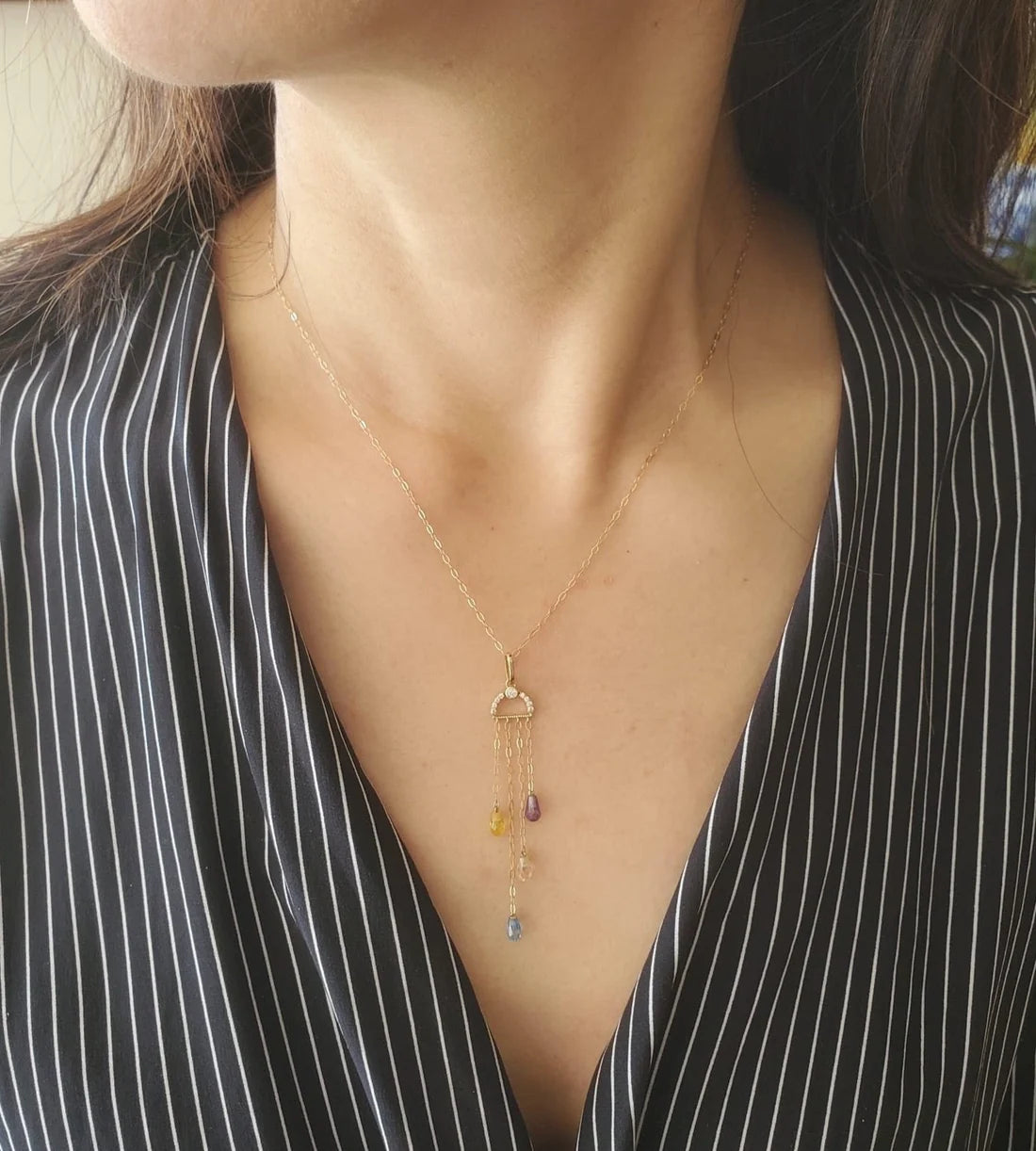 18K Solid Gold Chandelier Drop Necklace with Multi-coloured Sapphires