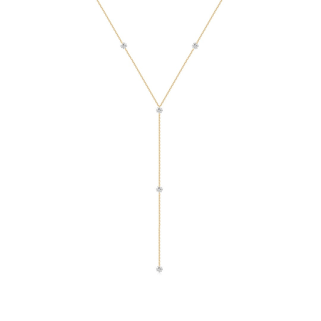 14K Solid Gold Lariat Necklace with Floating Drilled Lab-Grown Diamonds