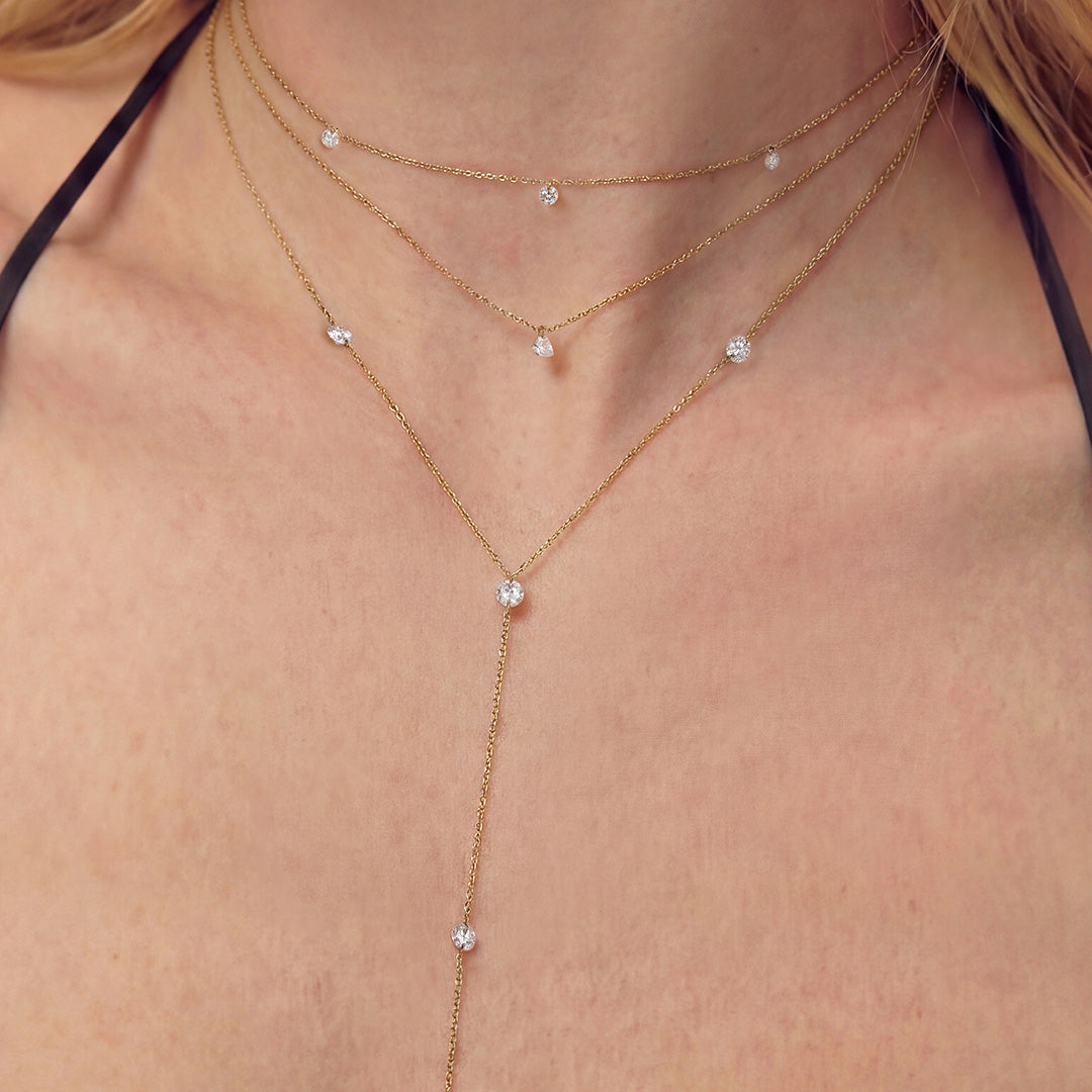 14K Solid Gold Lariat Necklace with Floating Drilled Lab-Grown Diamonds