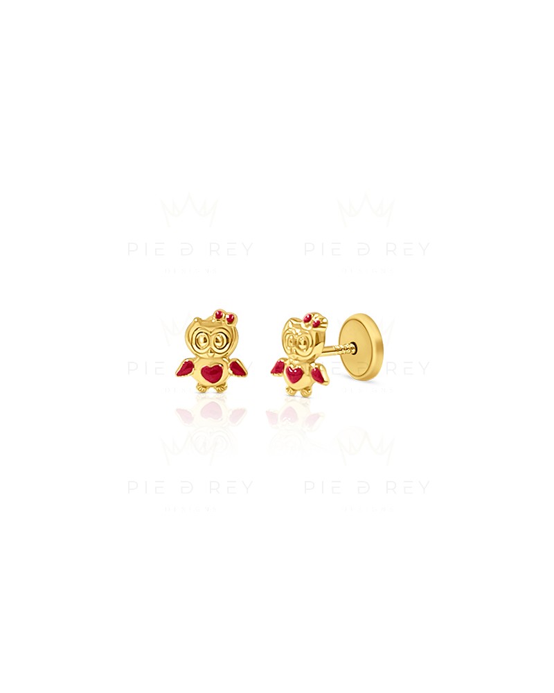 14K Solid Gold Red Owl Ear Studs