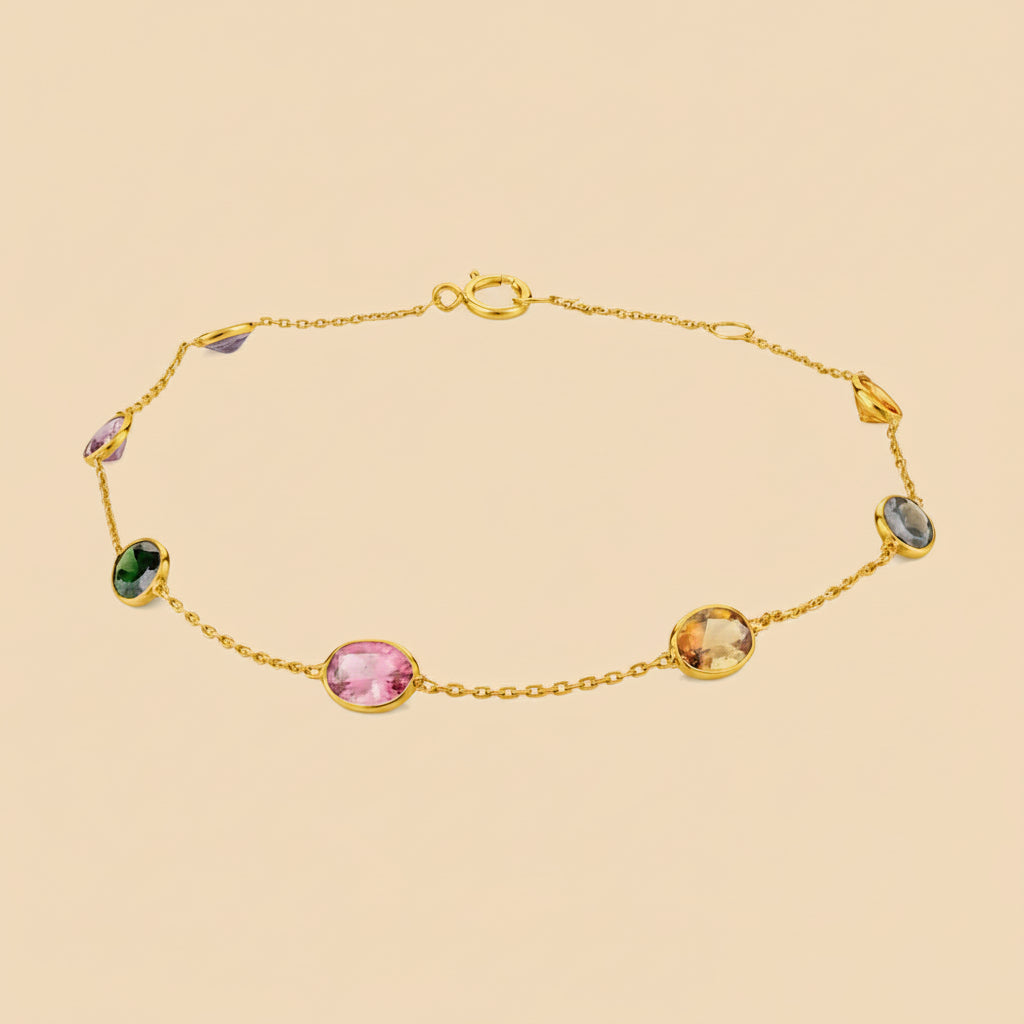 18k Solid Gold With Natural Multi-coloured Tourmaline Bracelet