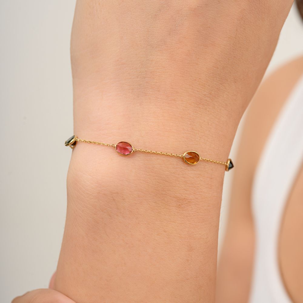 18k Solid Gold With Natural Multi-coloured Tourmaline Bracelet
