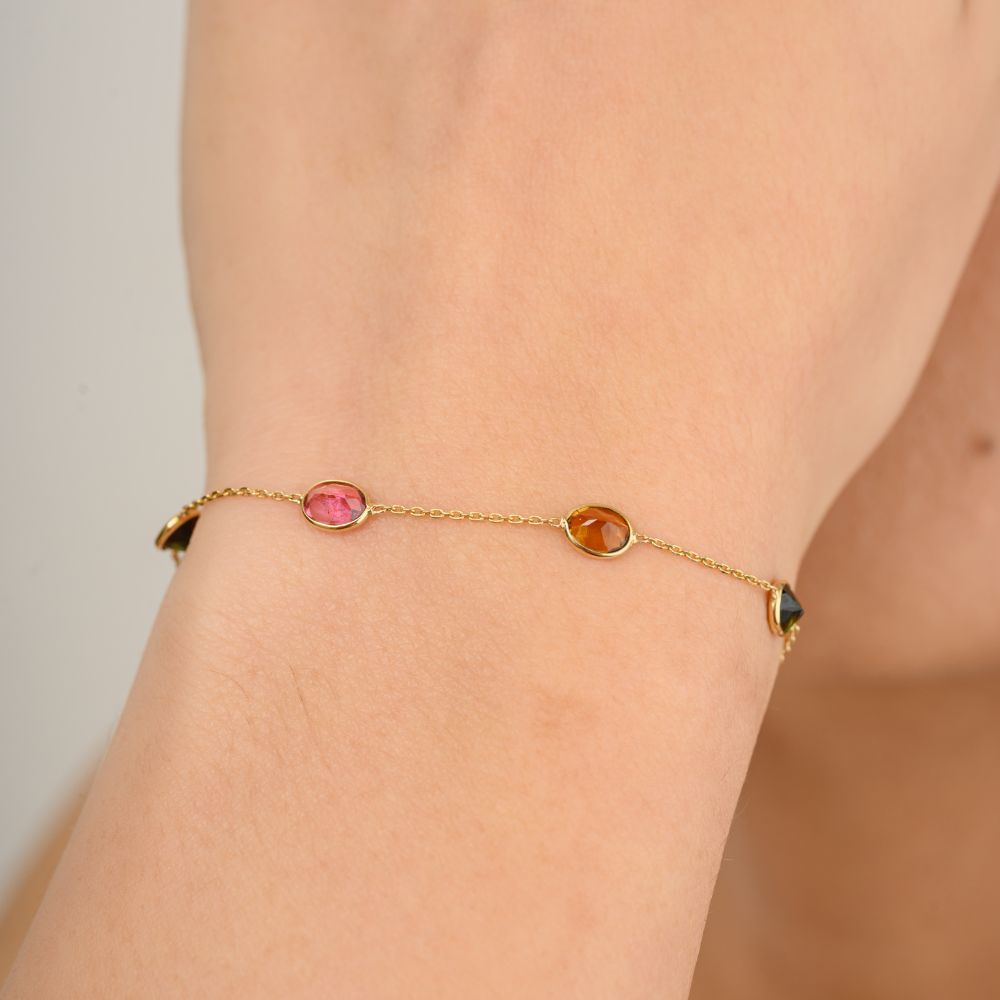 18k Solid Gold With Natural Multi-coloured Tourmaline Bracelet