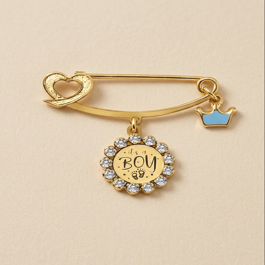 18K Solid Gold Boy Baby Pink with Enamel and Cubic Zirconia