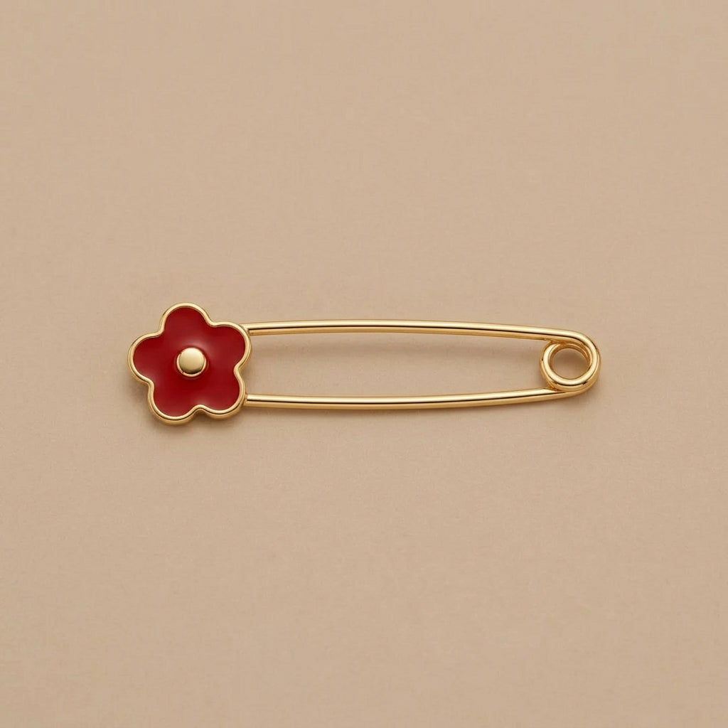 18K Solid Gold Enamel Red Flower Baby Pin