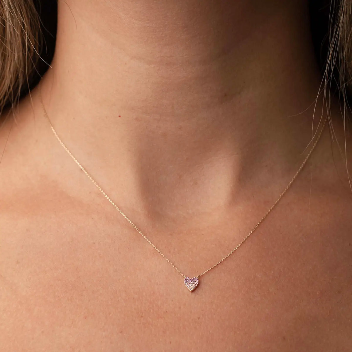 14K Solid Gold Pink Sapphire Heart Necklace