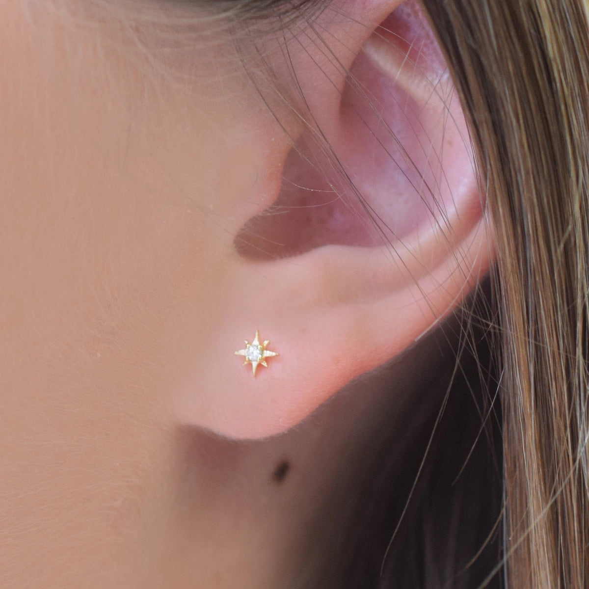 14K Solid Gold Mini Diamond Star Ear Studs