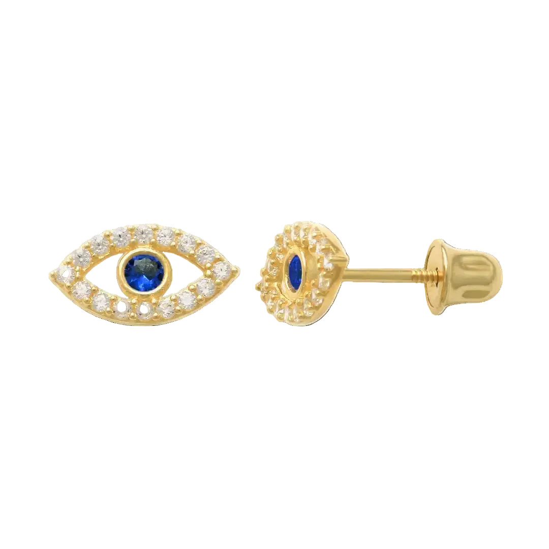 A pair of gold evil eye stud earrings with a central blue CZ and a halo of small clear stones, shown from both the front and side angles on a white background.