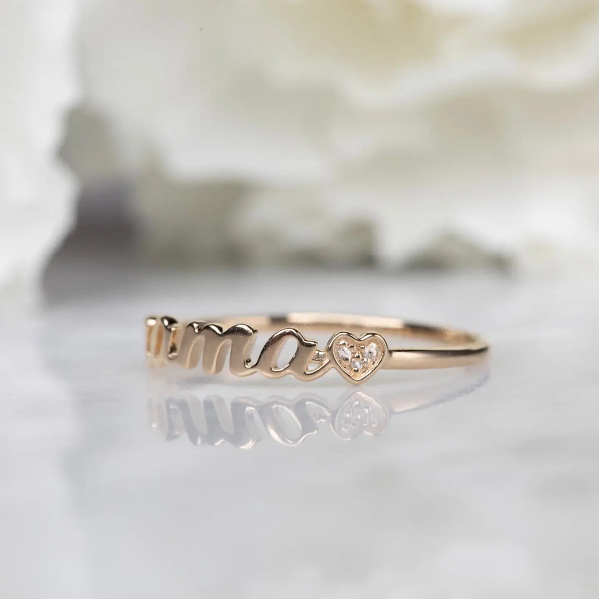 14K Solid Gold Diamond Heart Mama Ring