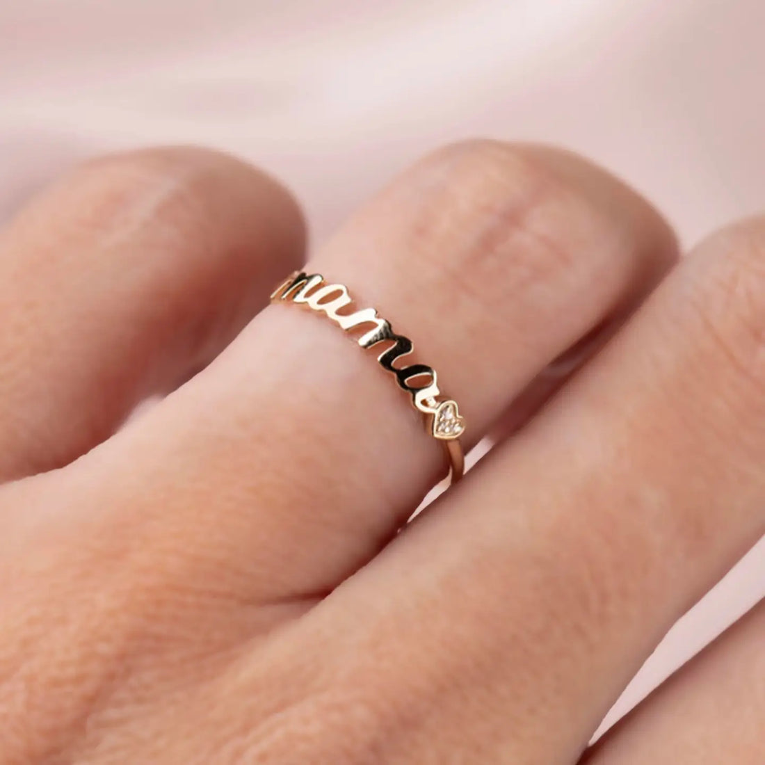14K Solid Gold Diamond Heart Mama Ring