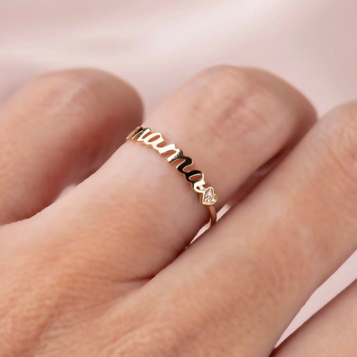 14K Solid Gold Diamond Heart Mama Ring