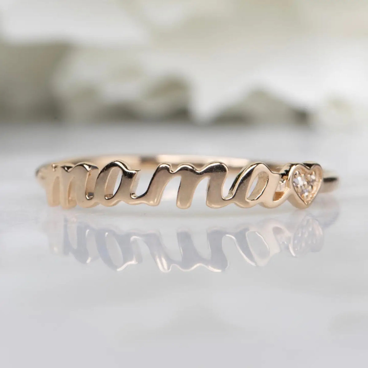 14K Solid Gold Diamond Heart Mama Ring