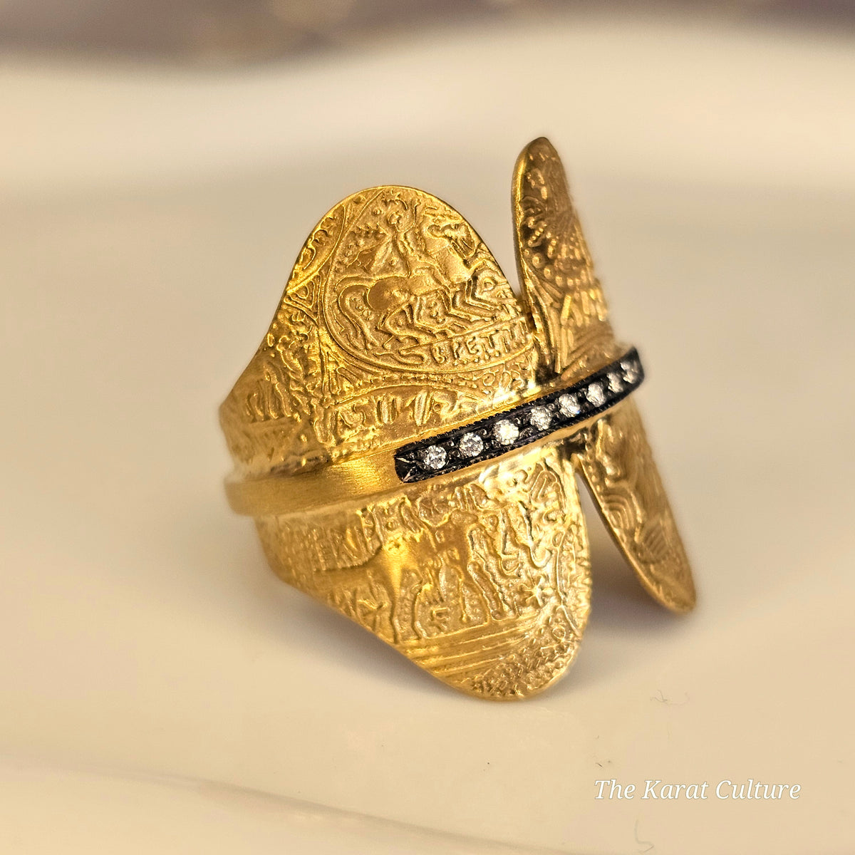14K Solid Gold Kurtulan Byzantine Cuff Ring with Diamonds