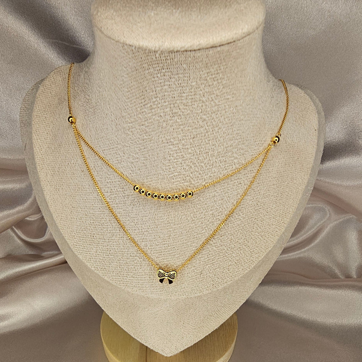 24K Solid Gold Layered Bow Necklace