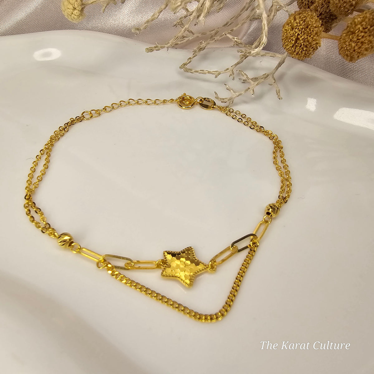 18K Solid Gold Star Double Layer Bracelet