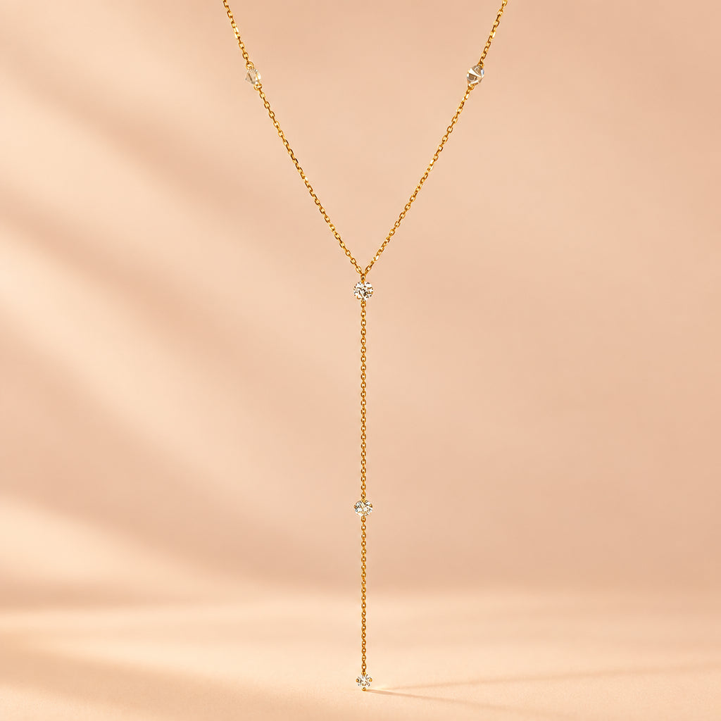 14K Solid Gold Lariat Necklace with Floating Drilled Lab-Grown Diamonds