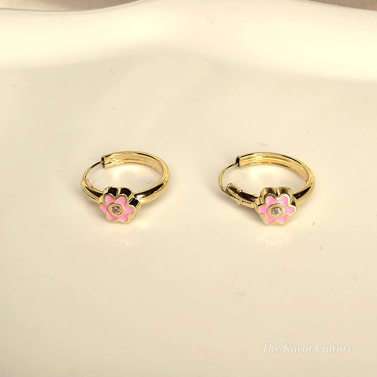 14K Solid Gold Pink Flower Enamel Hoop Earrings