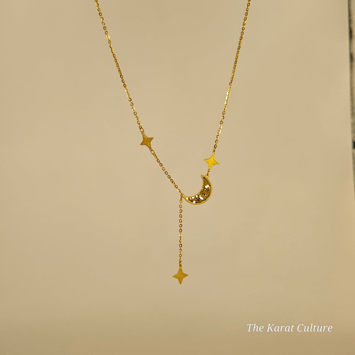 24K Solid Gold Moon & Star Necklace