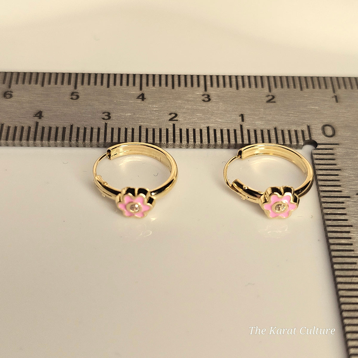 14K Solid Gold Pink Flower Enamel Hoop Earrings