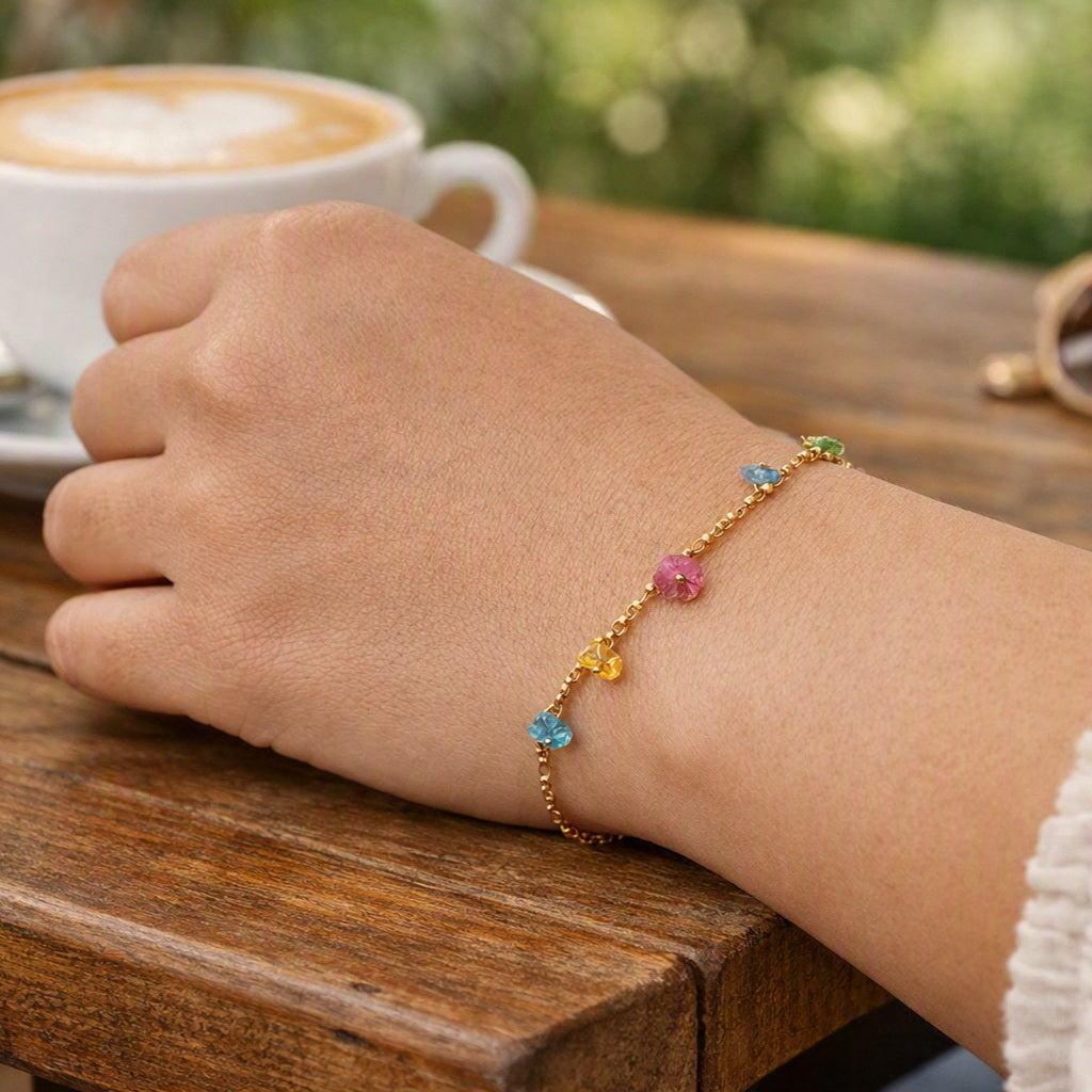 18K Solid Gold Bracelet with Multi-coloured Tourmaline Flowers