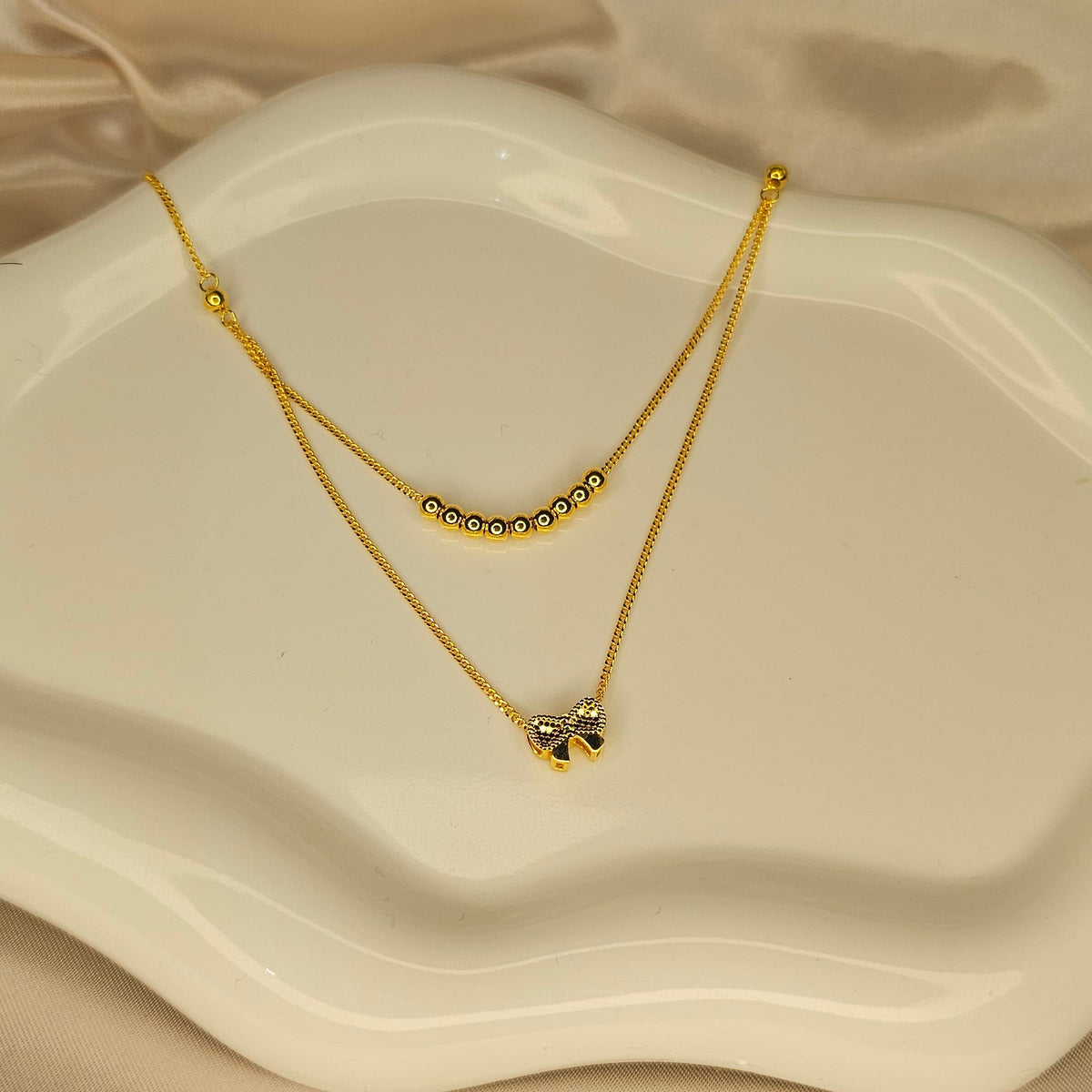 24K Solid Gold Layered Bow Necklace