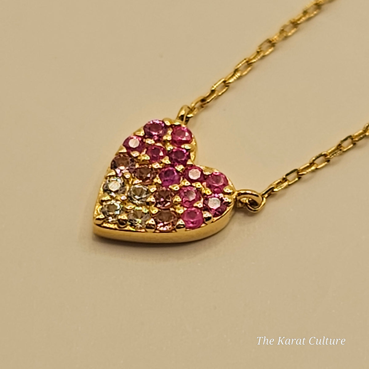 14K Solid Gold Pink Sapphire Heart Necklace