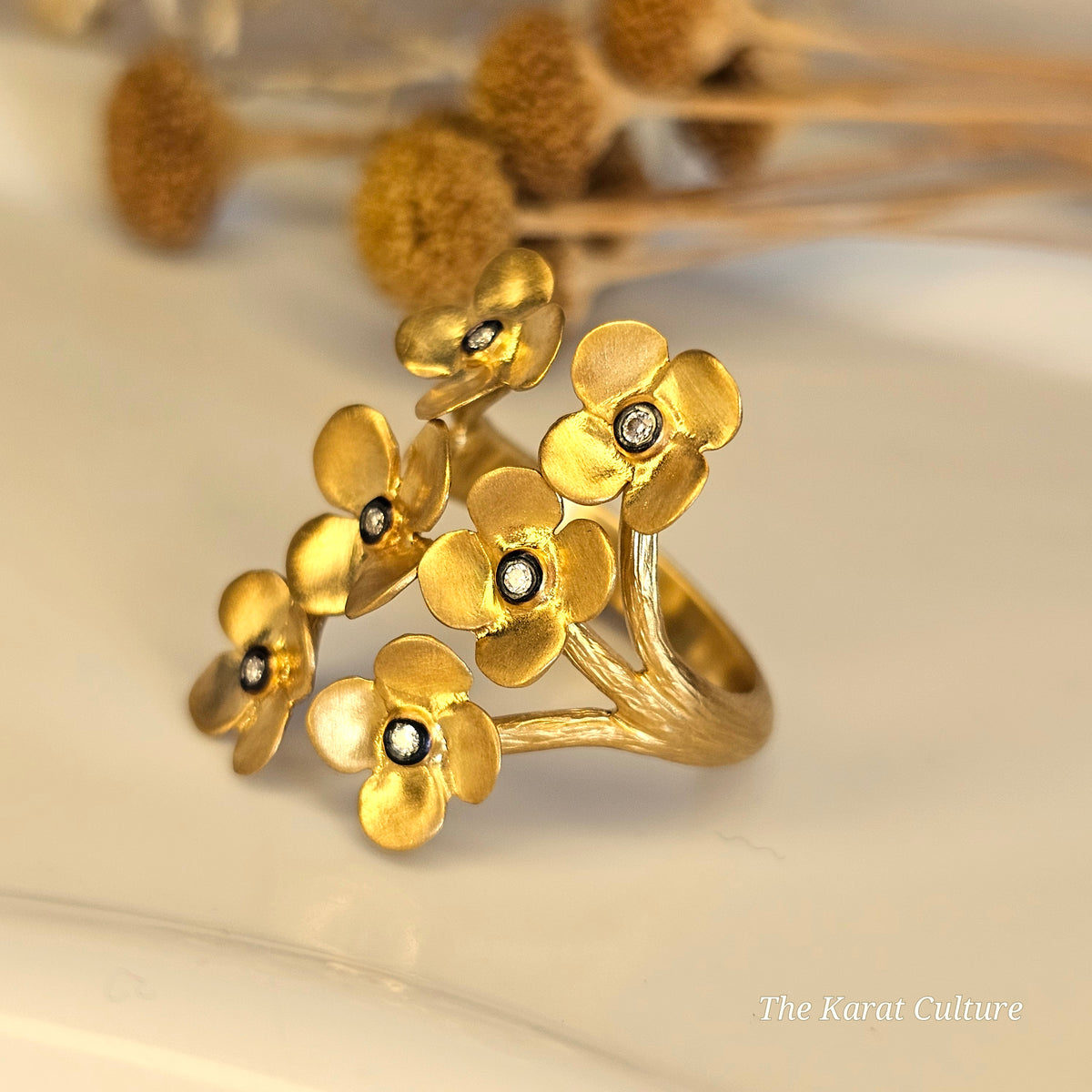 14K Solid Gold Kurtulan Mystic Flower Ring with Diamonds