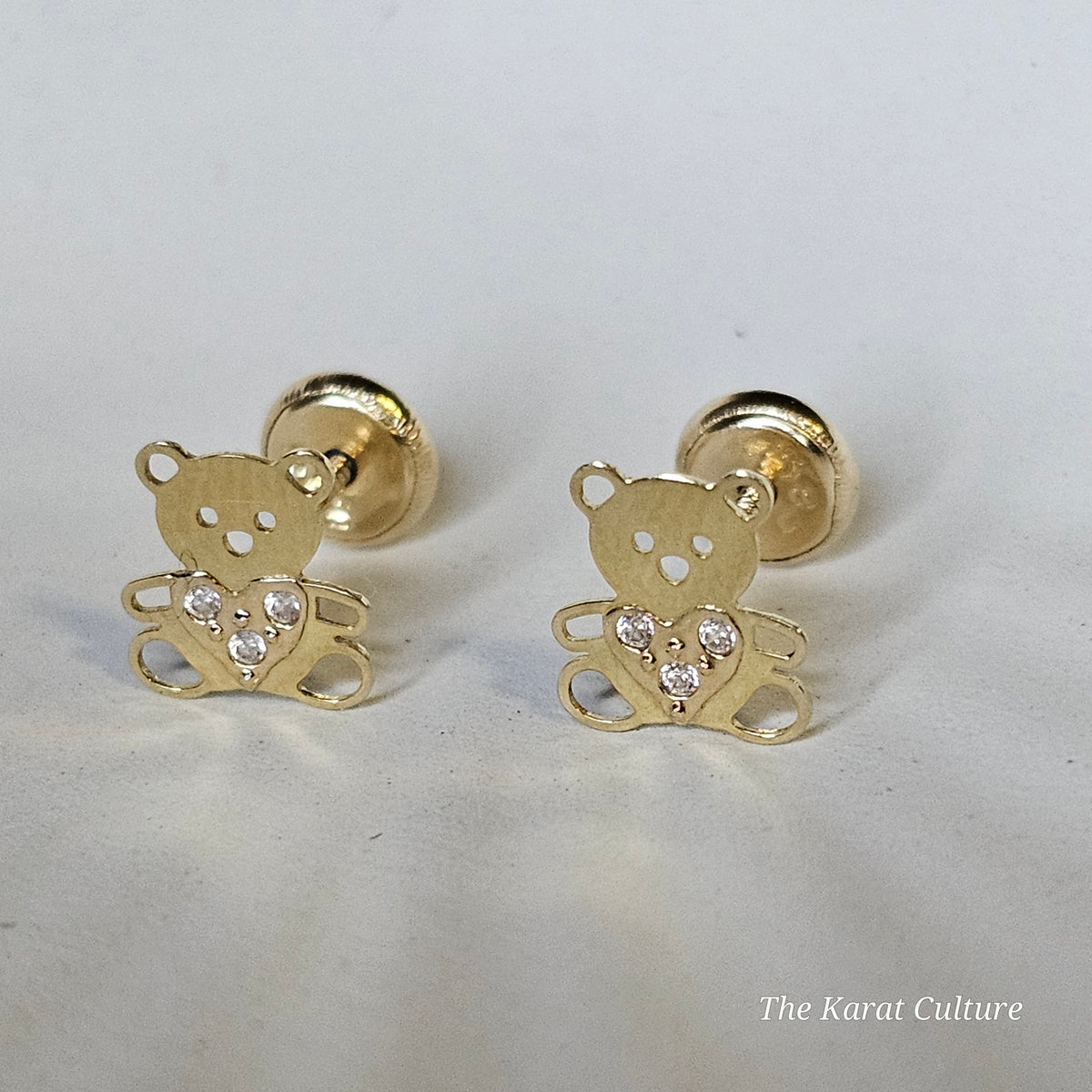 14K Solid Gold Teddy Bear Ear Studs with Cubic Zirconia