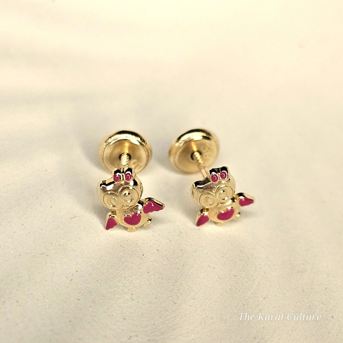 14K Solid Gold Red Owl Ear Studs