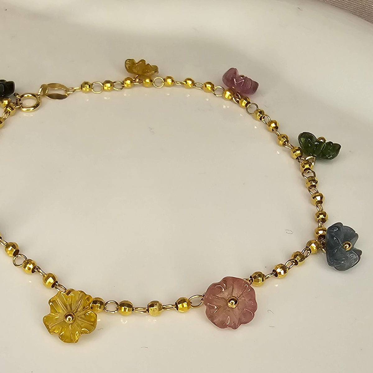 18K Solid Gold Bracelet with Multi-coloured Tourmaline Flowers