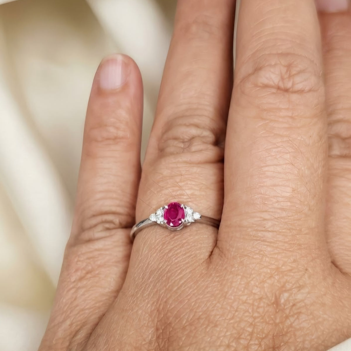 14K White Solid Gold Ring with Natural Ruby and Diamonds