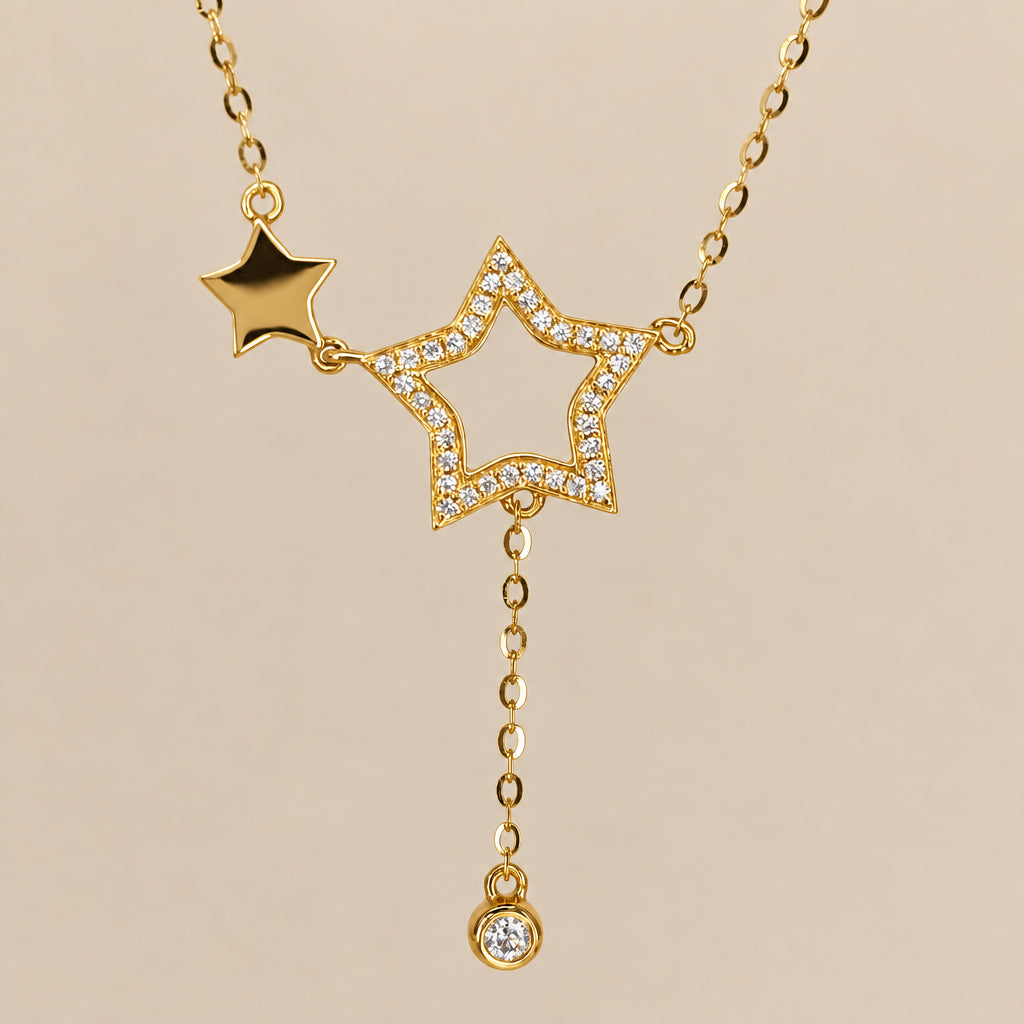 18K Solid Gold Star Diamond Necklace