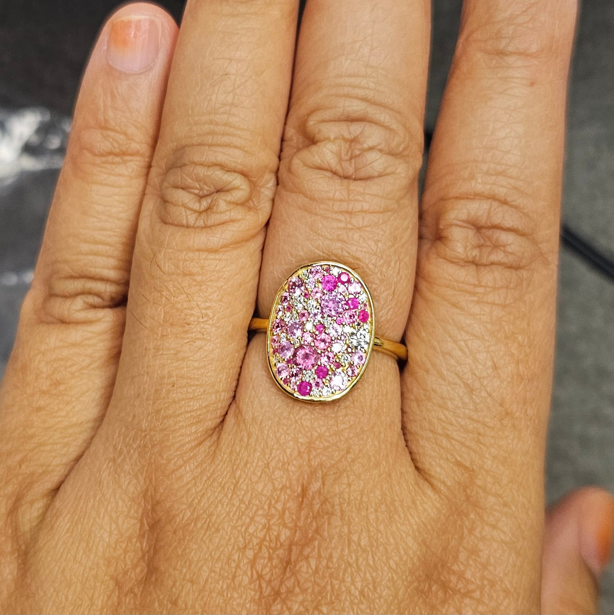 14K Solid Gold Ring with Natural Pink Sapphire, Pink Tourmalines and Lab-Grown Diamonds