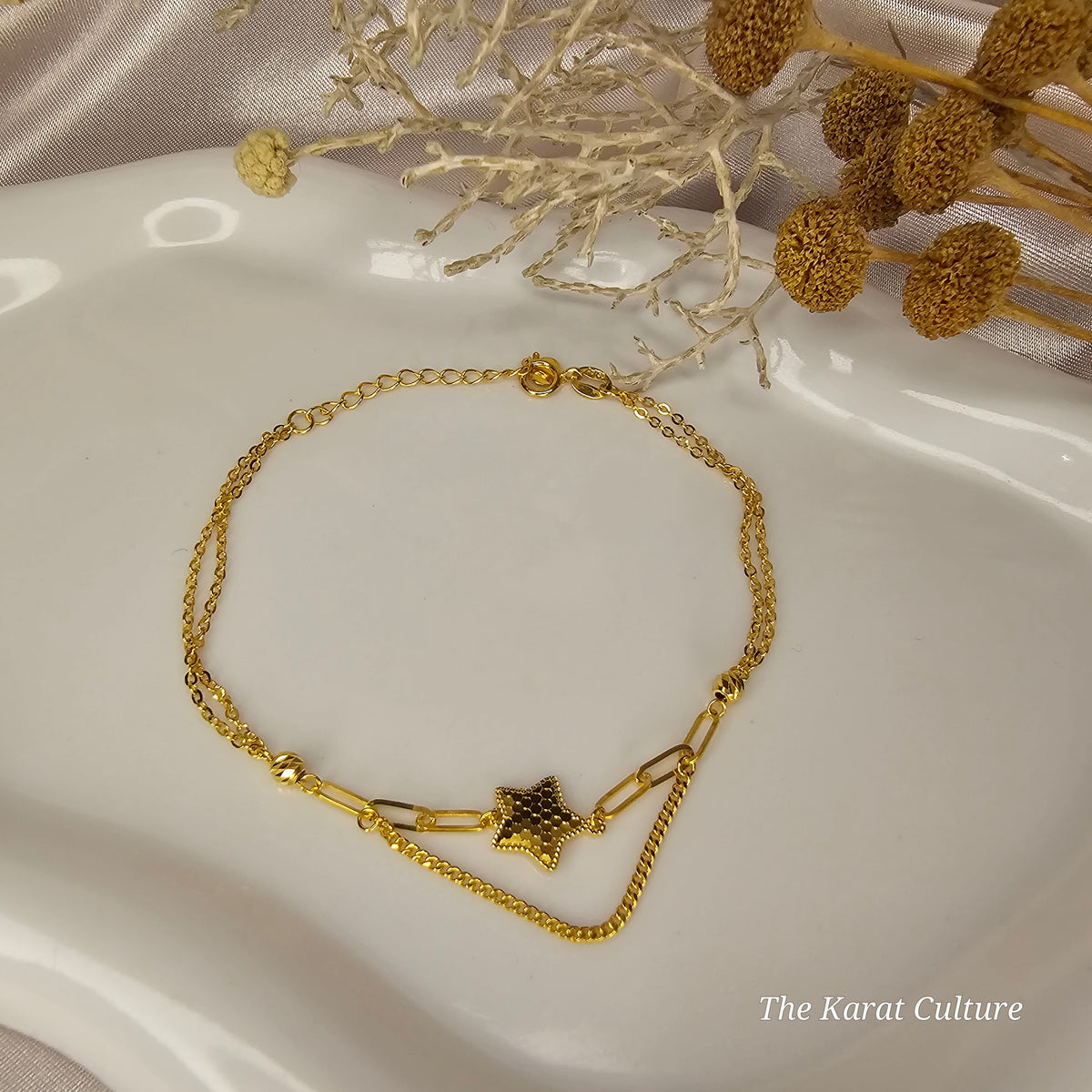 18K Solid Gold Star Double Layer Bracelet