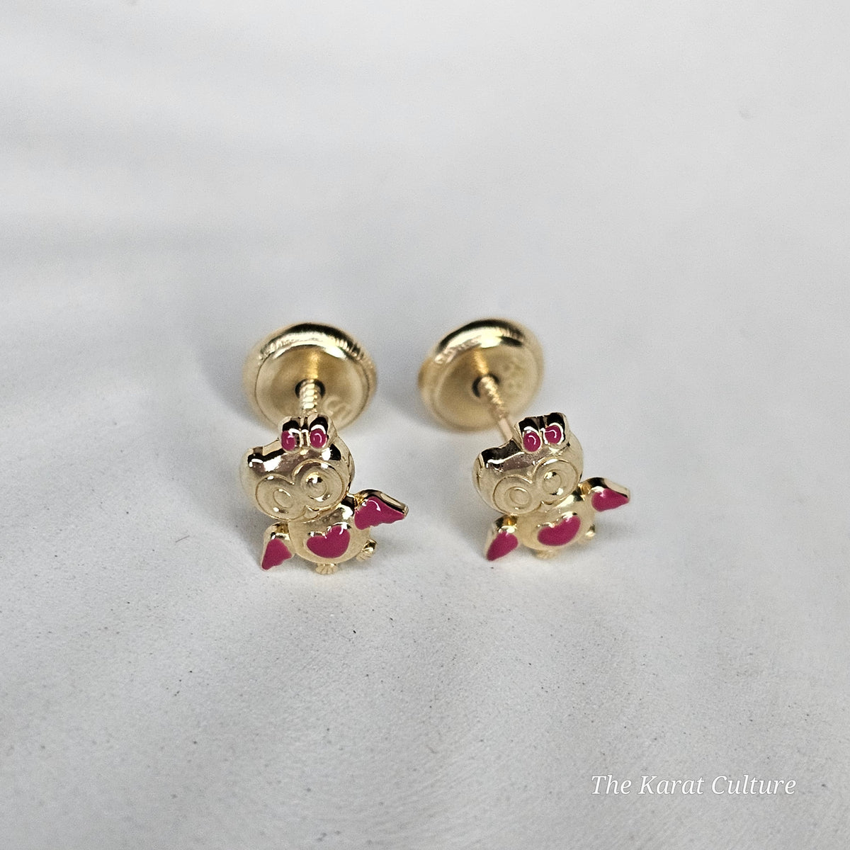 14K Solid Gold Red Owl Ear Studs