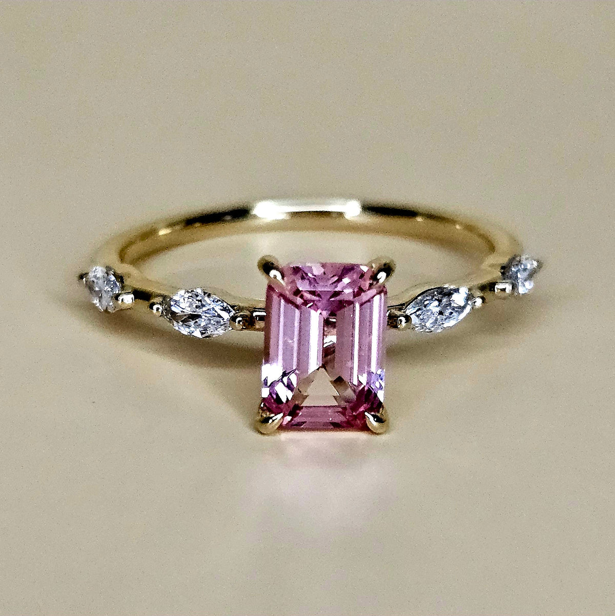 14K Solid Gold Ring with Padparadscha and Diamonds