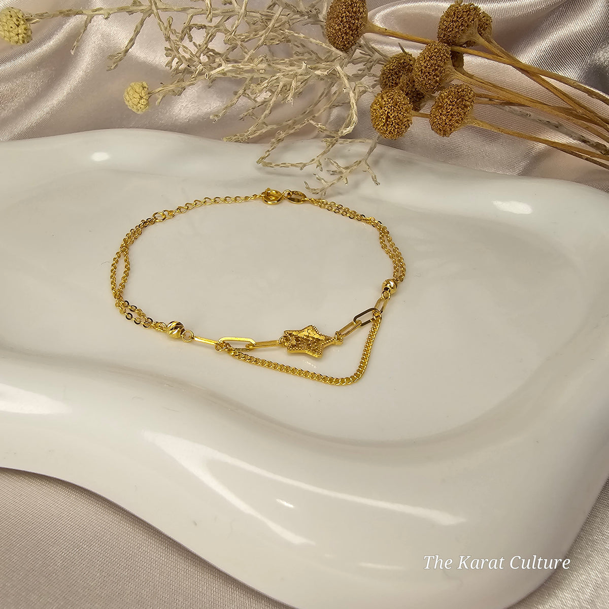 18K Solid Gold Star Double Layer Bracelet