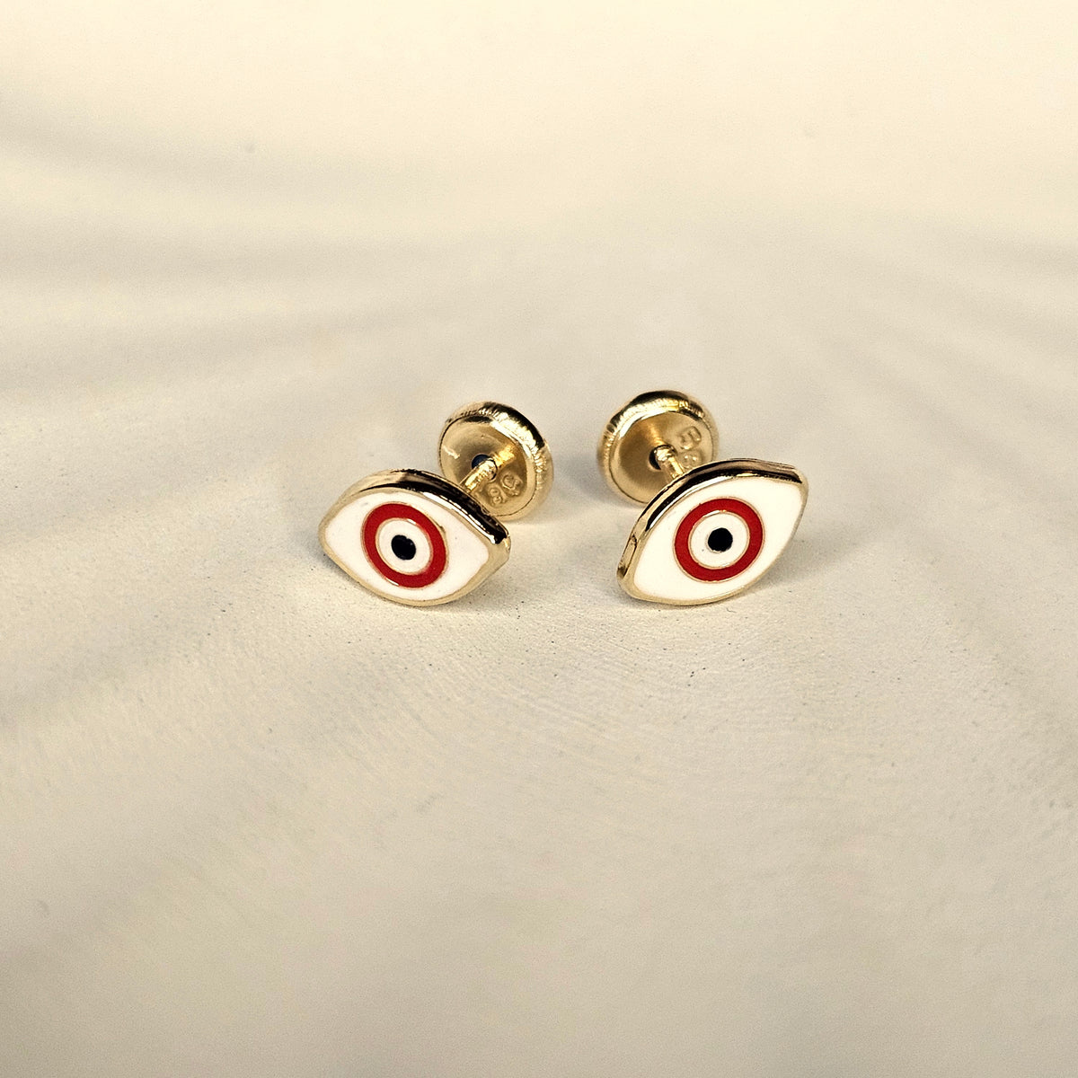 14K Solid Gold Red and White Evil Eye Enamel Ear Studs