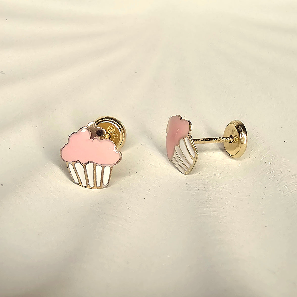 14K Solid Gold Cupcake Enamel Ear Studs