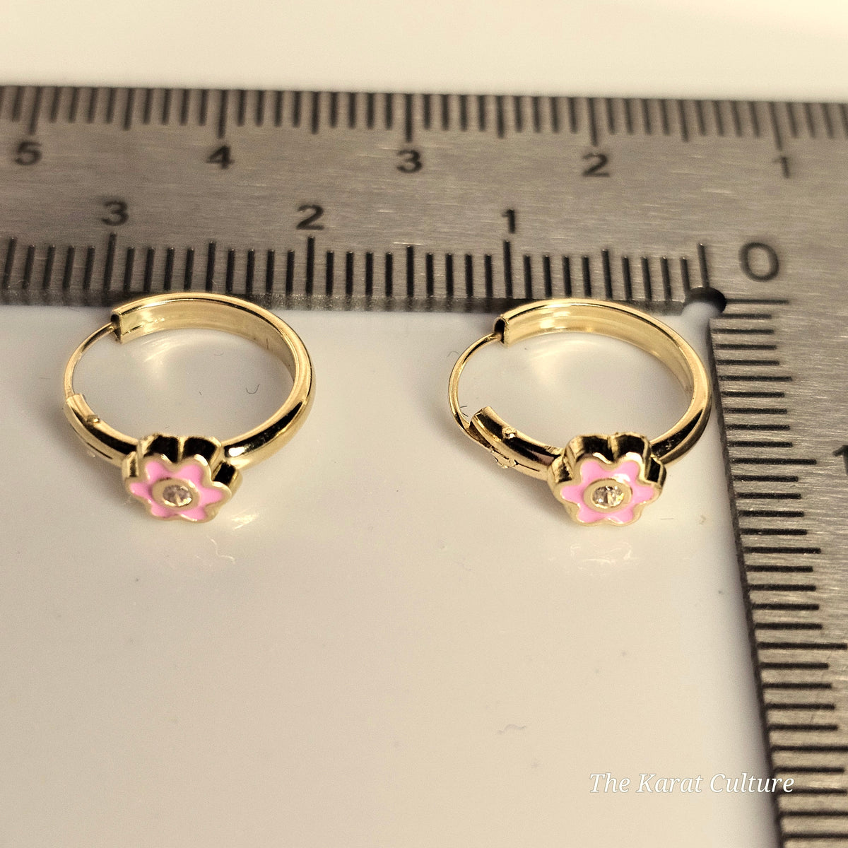 14K Solid Gold Pink Flower Enamel Hoop Earrings